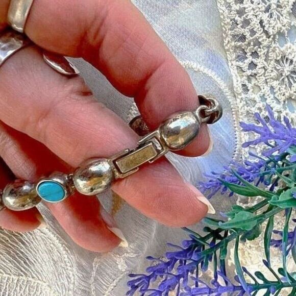 Vintage Silver & Turquoise Dome Link Bracelet - Picture 5 of 7